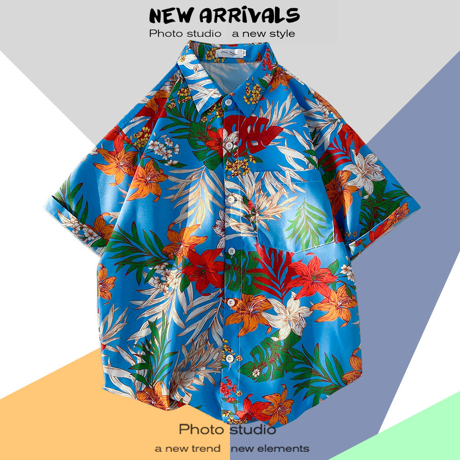 Hong Kong style ins short sleeve floral shirt for men and women summer Japanese casual beach shirt trend loose Hawaiian jacket