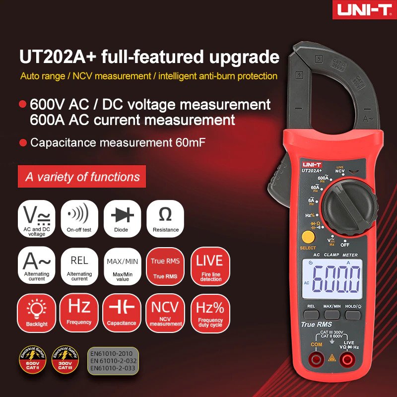 UNI-T UT202A+ True RMS Clamp Meter 600A Auto Range Multi Testers for Voltage Current Resistance Capacitance Testing UT202A+  Kings Trading. 