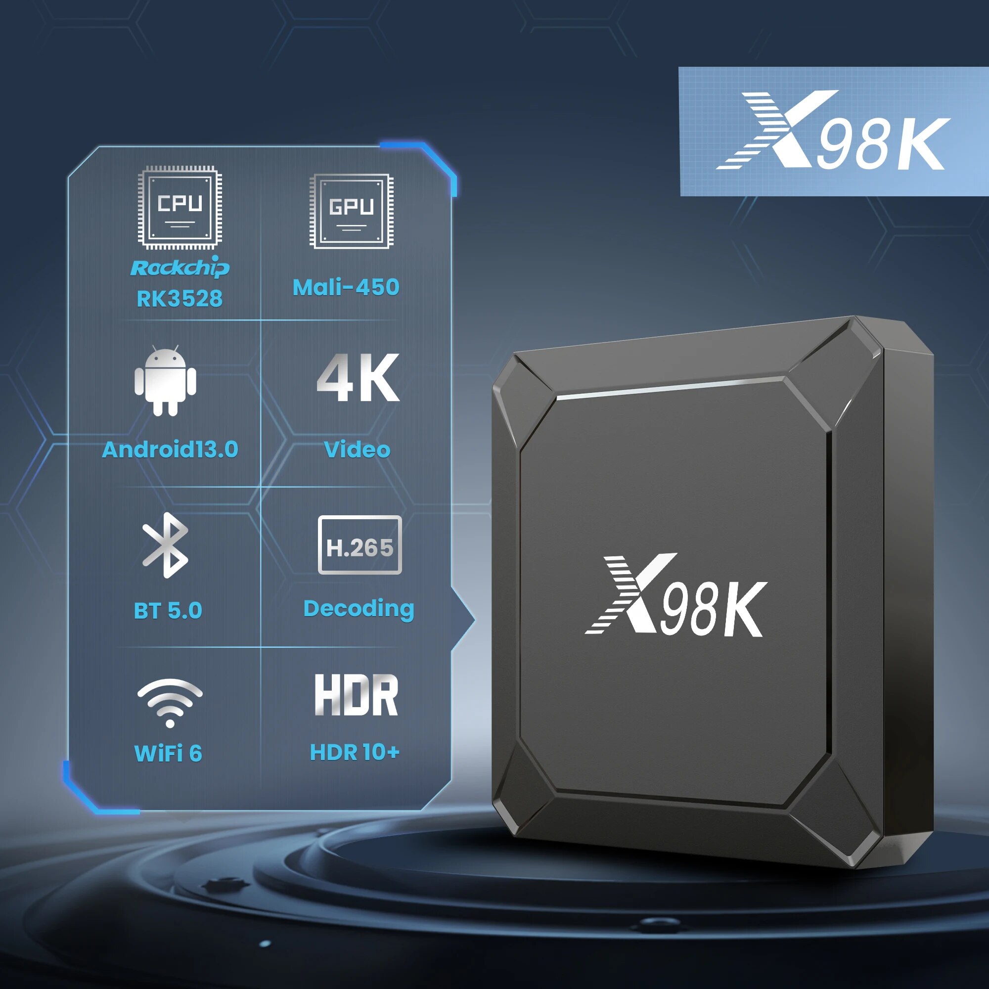X98K TV Box Android 13 Rockchip RK3528 2GB 16GB / 4GB 32GB BT5.0 AV1 Wifi6 2.4G 5G Wifi 4K HD Smart Media Player Set Top Box. 