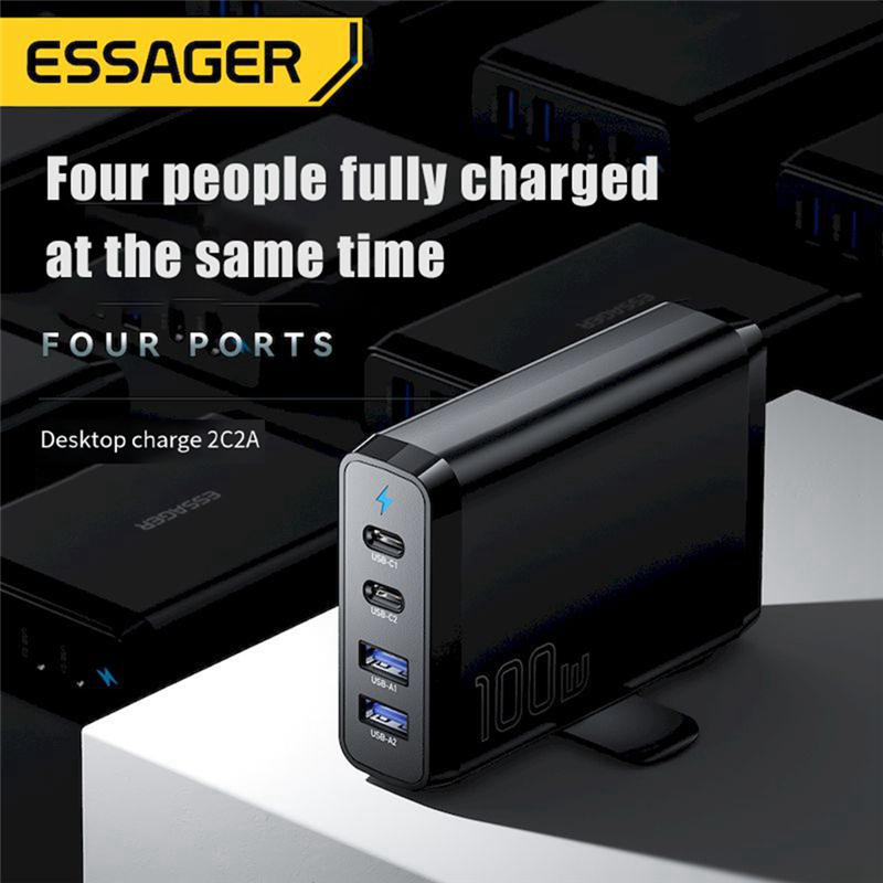 ESSAGER 100W GaN USB Type C Desktop Charger Quick Chagers Multi-Port Charger for Samsung IPhone Laptop Chagers US Plug. 