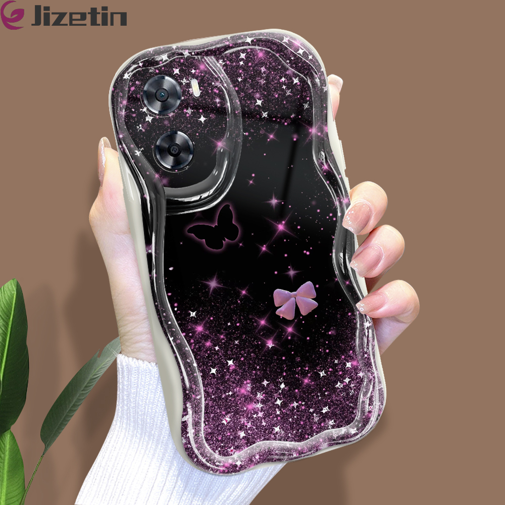 Jizetin for OPPO A57 4G A77 4G A77S A57 2022 Back Cover Pink Purple Glitter Cream Wavy Edge Soft Silicone Phone Case