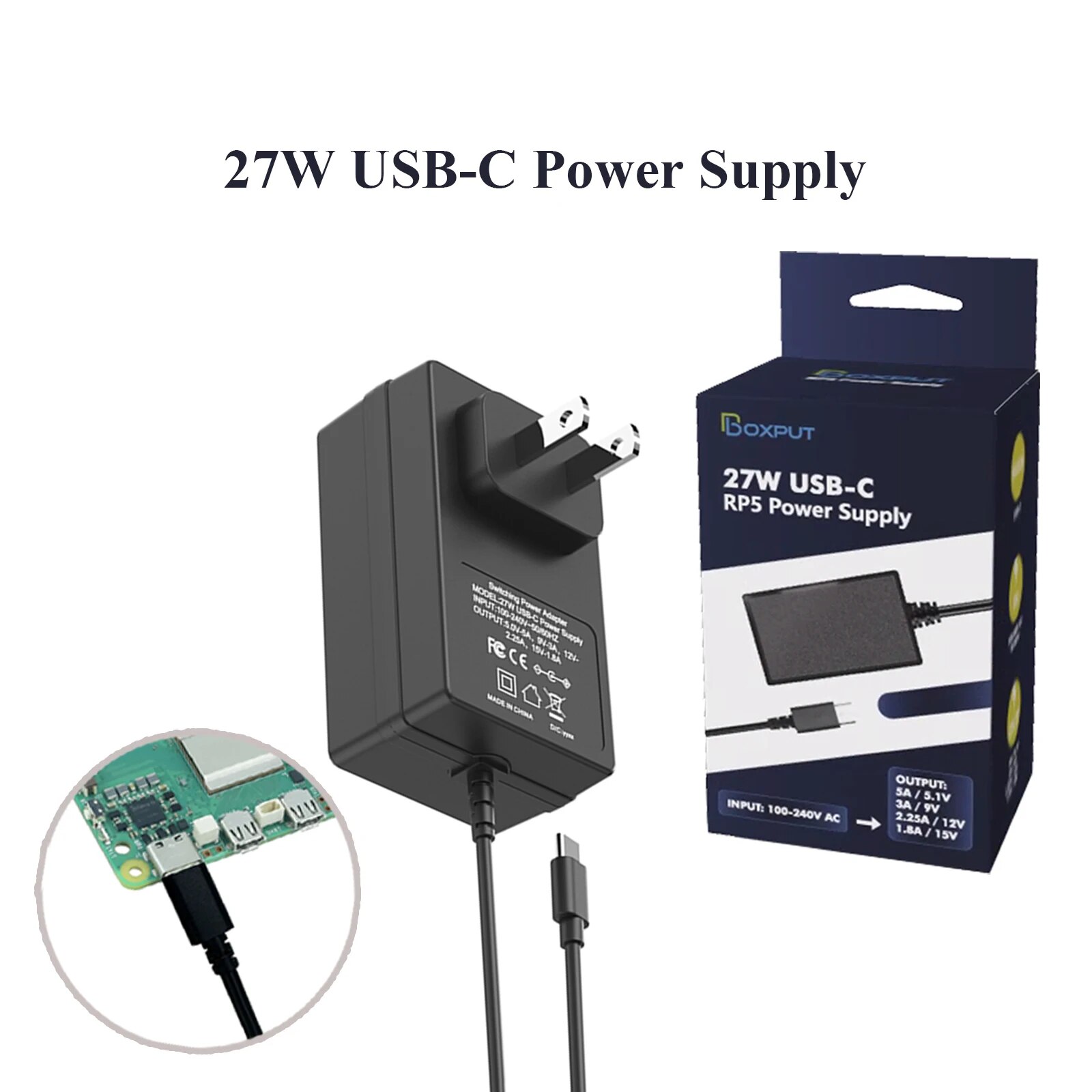 For Raspberry Pi 5 Power Adapter 27W USB-C Power Supply 5.1V 5A Compatible for PD Charing 1.2m, 18awg EU US UK AU Plug. 