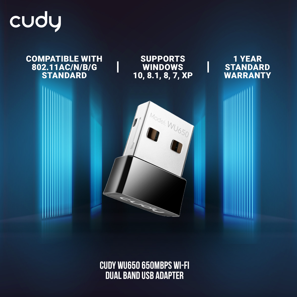 Cudy WU650 650Mbps Wi-Fi Dual Band USB Adapter - Built in 2dBi Antenna - Compact Design - Supports Windows 10, 8.1, 8, 7, XP - Black. 