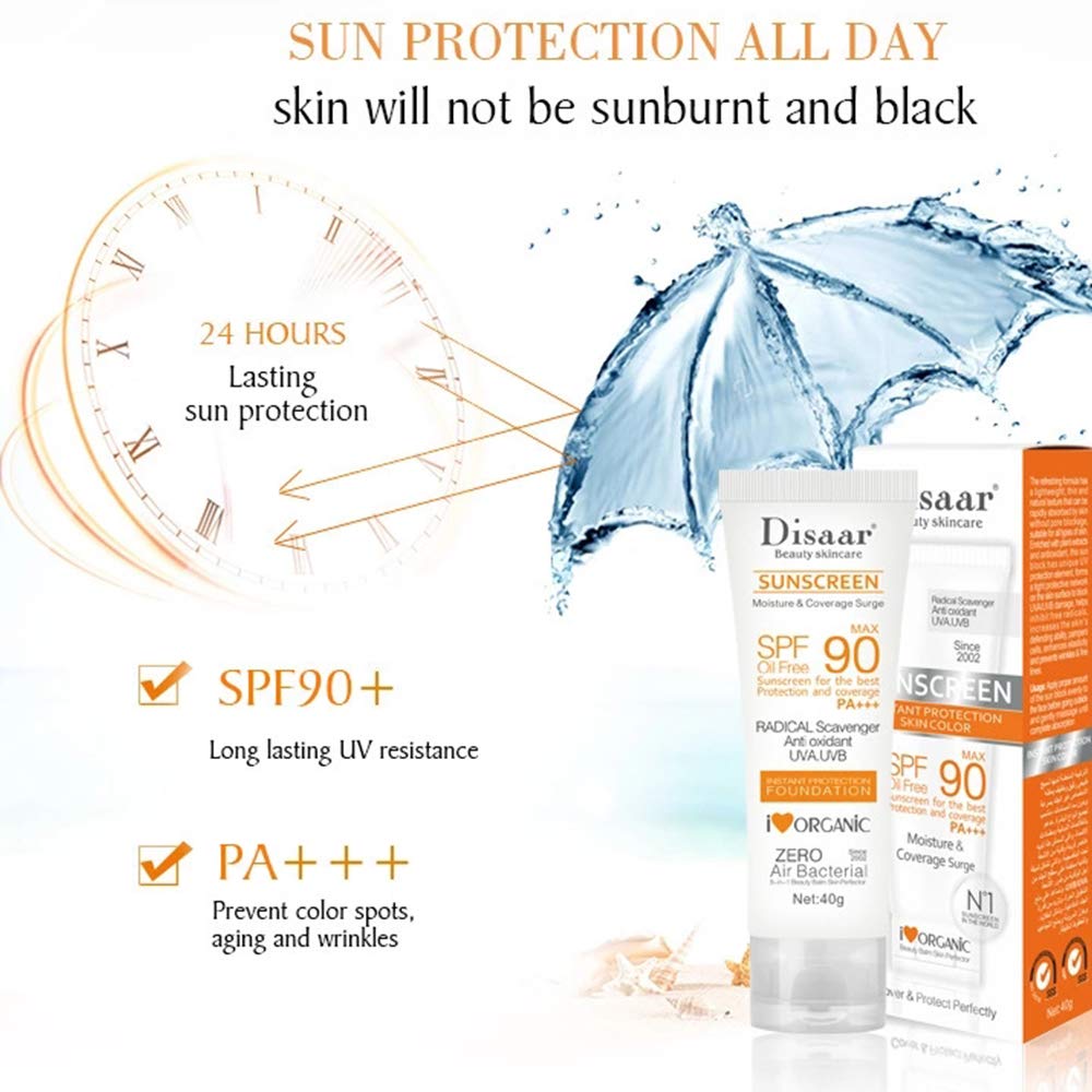 Disaar SPF90 Oil-Free Sunscreen Cream 40g | Instant Protection UVA UVB Foundation PA+++. 