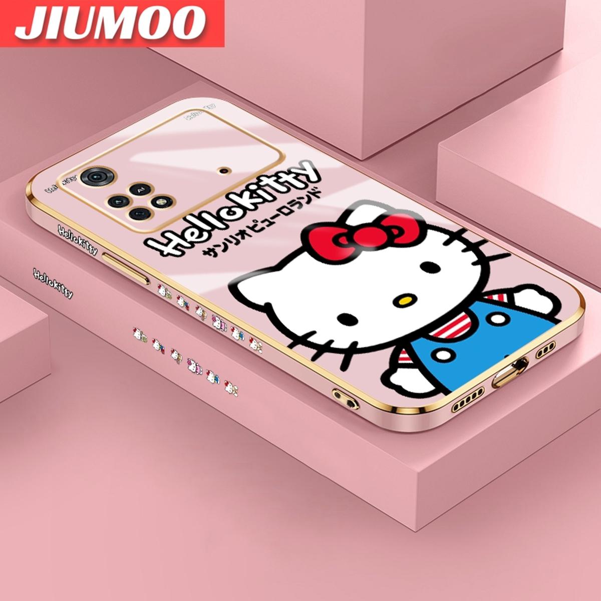 JIUMOO For Xiaomi MI POCO X4 Pro 5G Case Cartoon Kitty Fake Side Design Luxury Plating Phone Case Square Edge Pattern Liquid Silicone Casing Full Cover Camera Soft Protection Cases