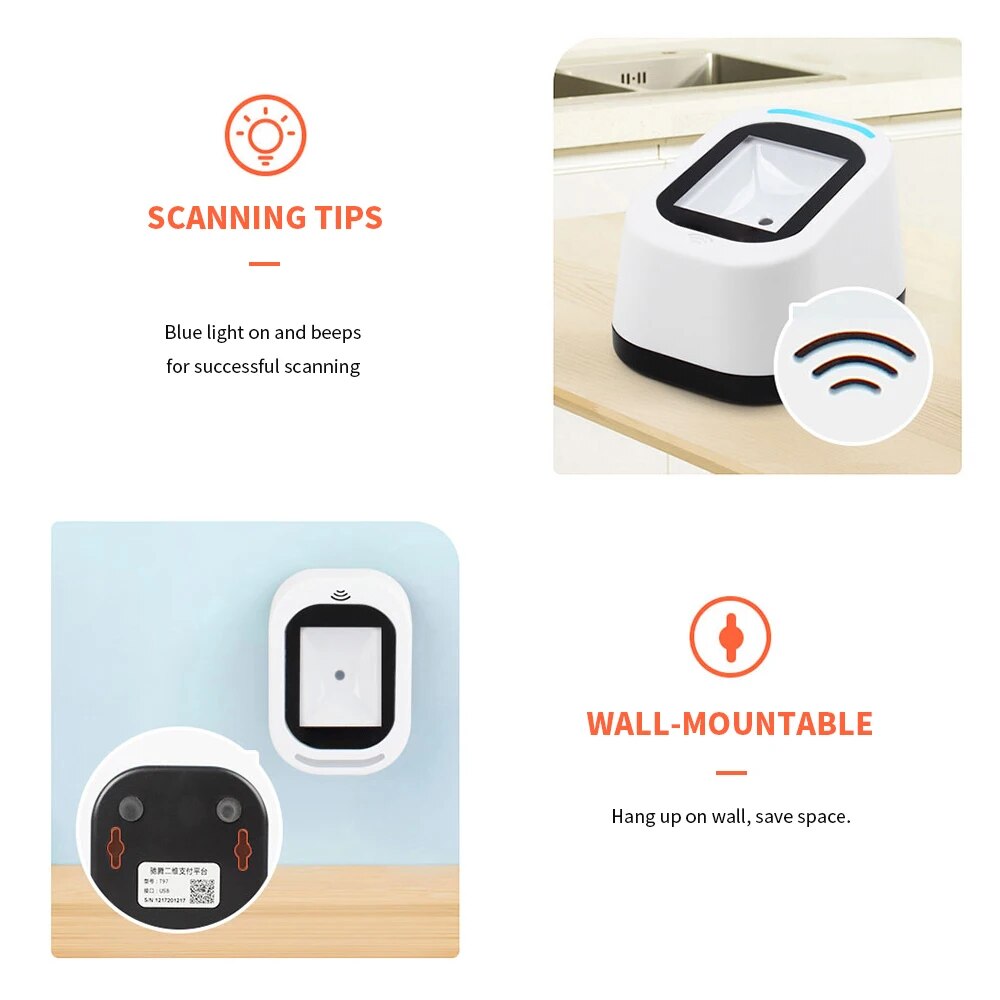 Wired Barcode Scanner USB Versatile Scanning Hands-free Scan QR Code 1D 2D Code Reader for Supermarkets Store Restaurant Cashier. 