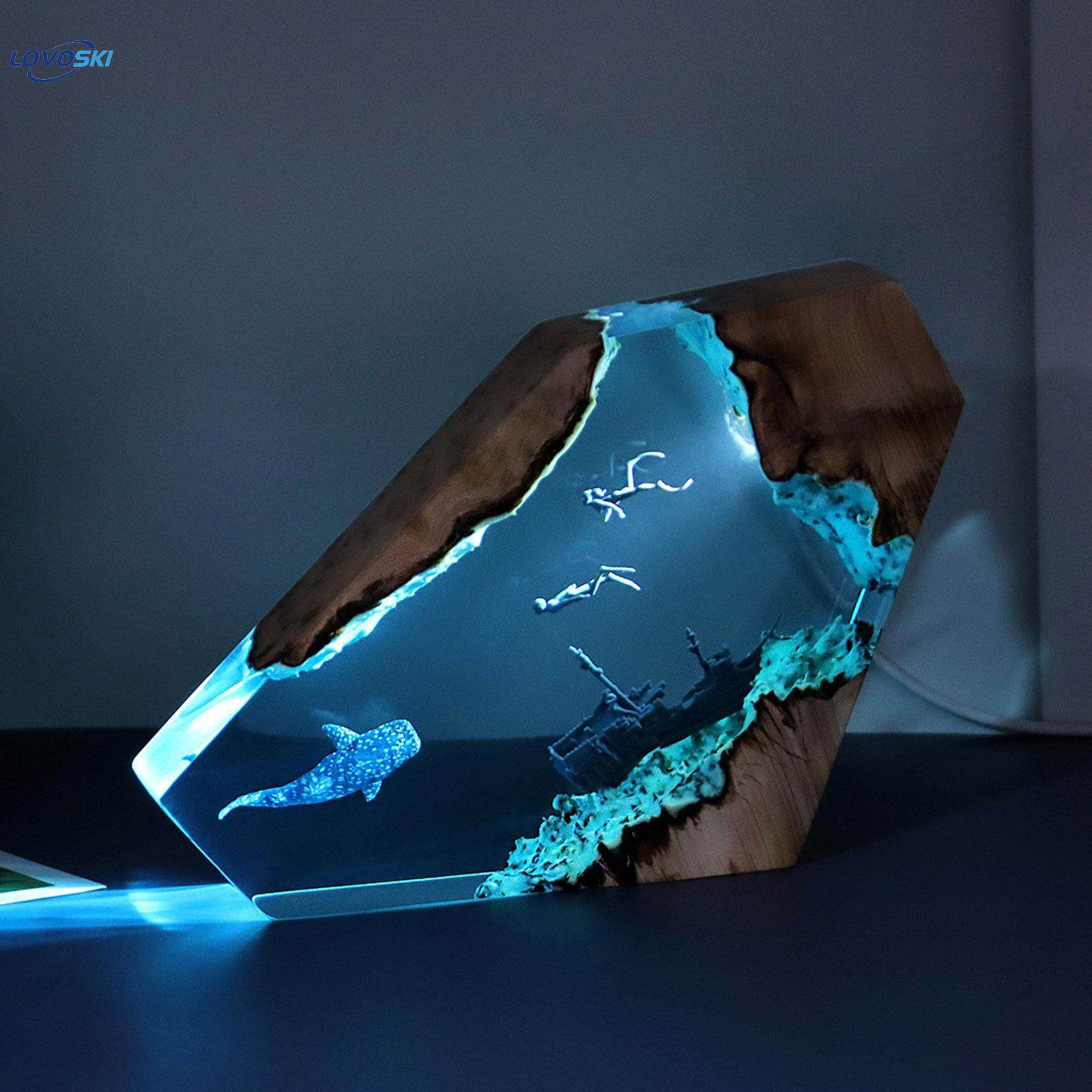Epoxy Resin Desk Lamp Light Deep Diving Underwater Scene Decorative with USB. 