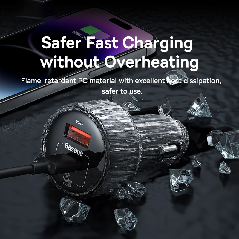 Baseus Car Charger High Efficiency Pro 1-for-2 Car Cigarette Lighter With 30W USB C USB A port. 