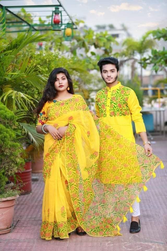 Designer Dhupiyan Saree And Dhupiyan Panjabi For Combo Couple