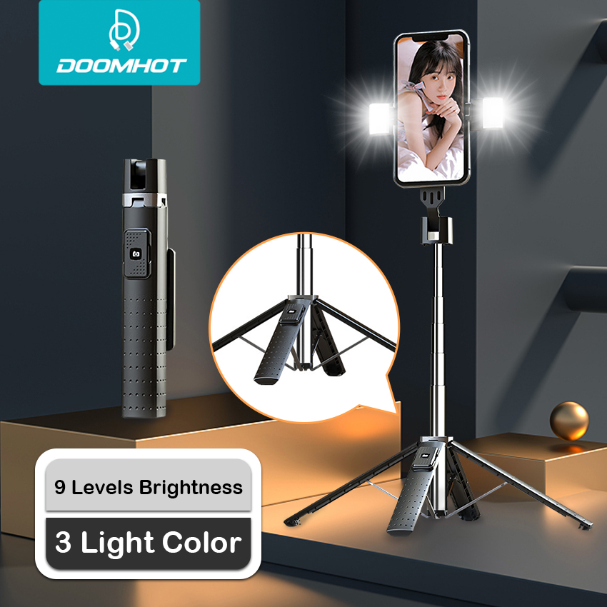 DoomHot P04 Bluetooth Selfie Stick Stretchable Holder Portable 3 Colors LED Fill Light Anti-Shake Stabilizer Adjust 360°Rotating Stand Holder Self-Timer Artifact Rod. 