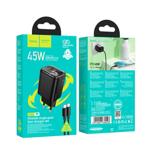 hoco N54 Monsoon Single Port PD45W Type-C Charger with 1m Type-C Cable, EU Plug(Black)   - Time Square. 