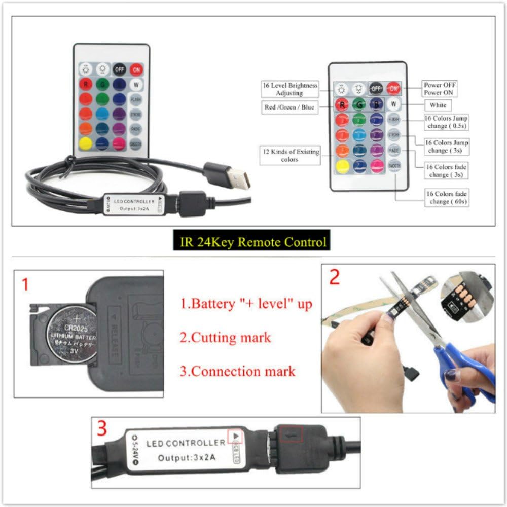 USB RGB LED Strip Light,5M 30leds/m Black PCB DC 5V 5050 RGB Color LED Light with 24Key Remote for TV Background Lighting,Ribbon Light,Rope Light,Kitchen Led Lighting Decor Tape LED Strip Lamp. 