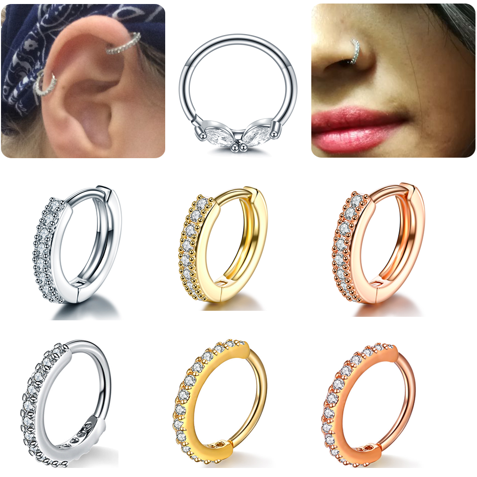 1PC Copper Hinged Segment Ring Hoop Septum Nose Rings for Women Round Shape Zirconia Cartilage Earring Piercing Body Jewelry