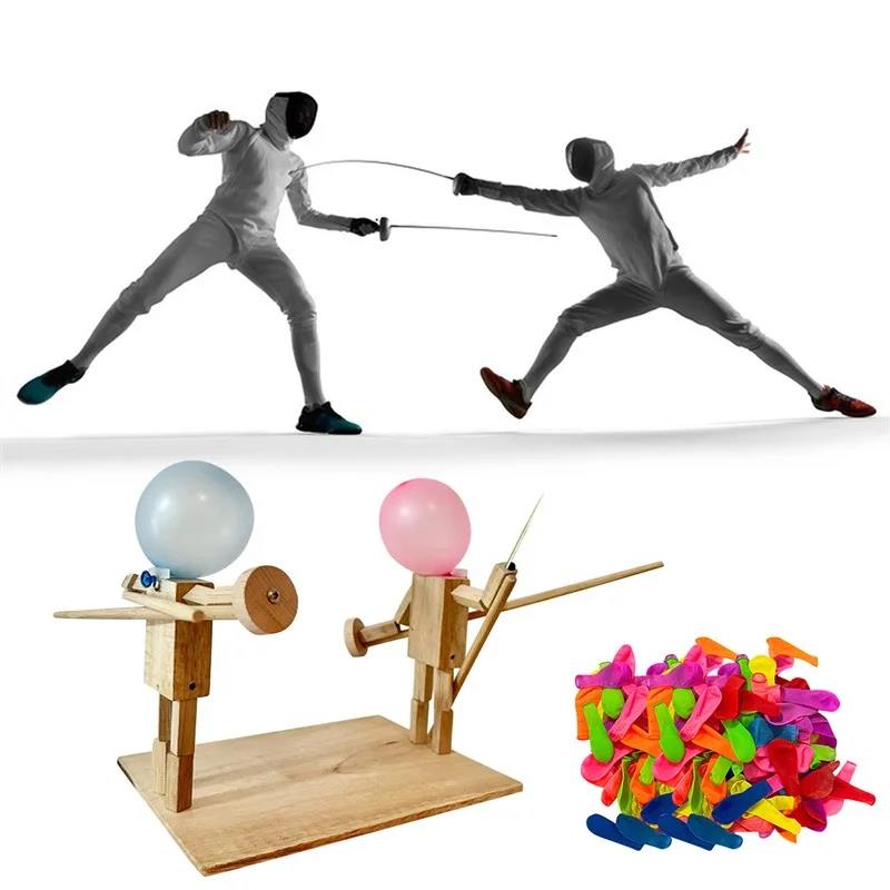 Balloon Bamboo Man Battle Handmade Wooden Fencing Puppets Wooden Bots Battle Game Two-Player Fast-Paced Balloon Battle Game. 