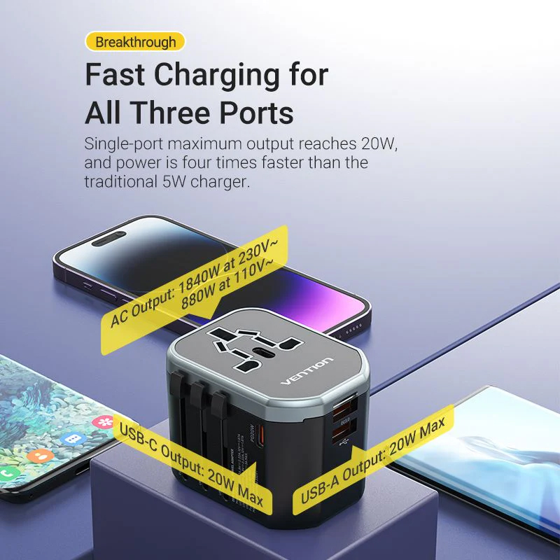 Vention FJCB0 3-Port USB (C + A + A) Universal Travel Adapter (20W/18W/18W) - Black - Universal Travel Adapter - Fast Charging for All Three Ports. 