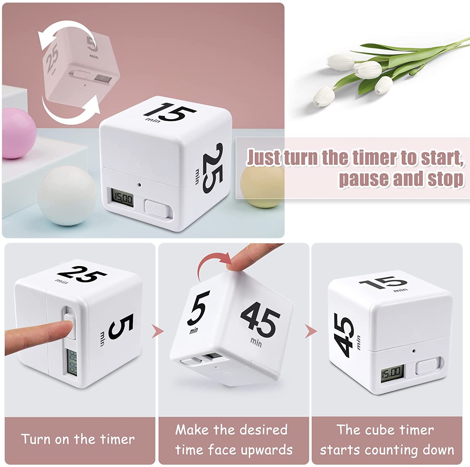 Cube Timer Kitchen Timer Time Management Timer Gravity Sensor Flip for Time Management and Countdown 25-5-45-15 Minutes. 
