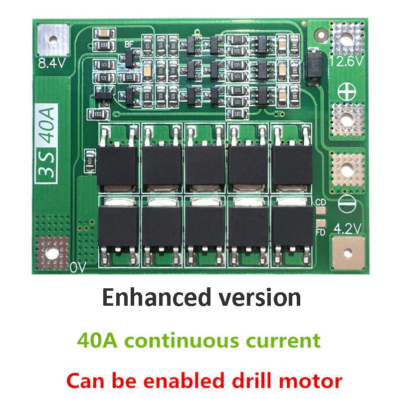 3S 40A Li-Ion Lithium Battery Charger Protection Board Pcb Bms - Solar Panel - Power Bank Circuit. 