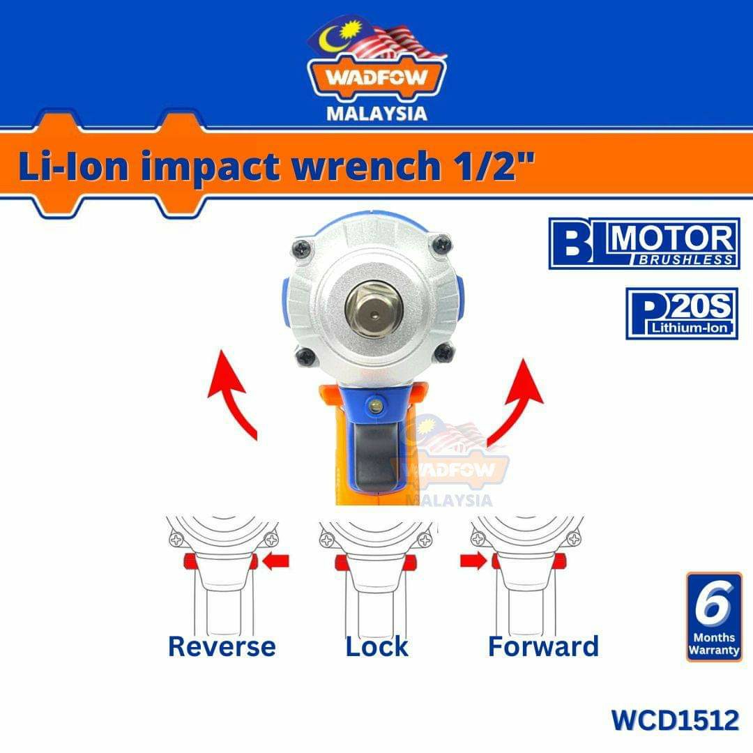 WADFOW Cordless Impact Wrench, Brushless Motor, 300 Nm, Impact Wrench, 3300 bpm, LED Light, Forward & Reverse, Cordless torque wrench With 2 pcs Batteries, Socket WCD1512. 