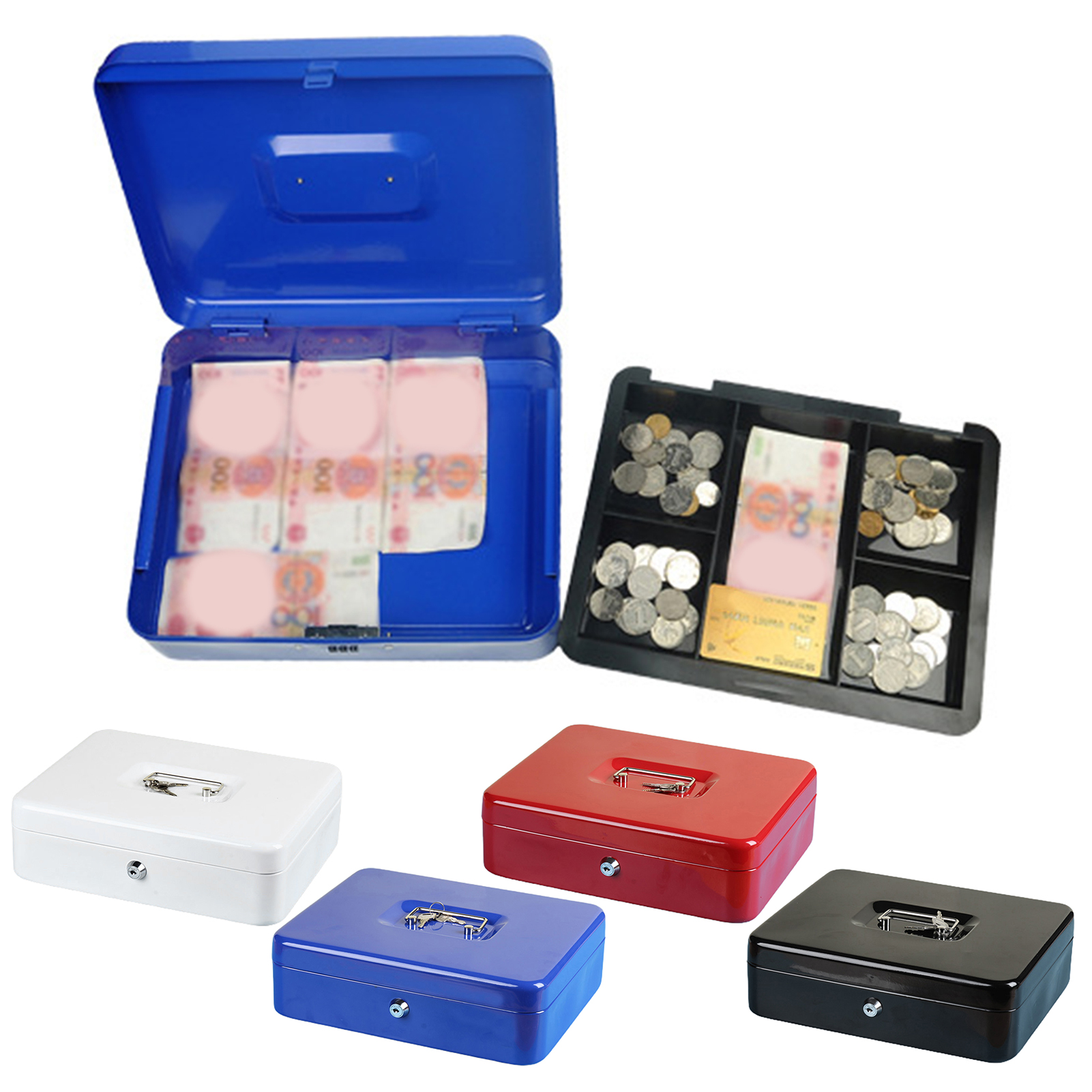 Mini Cash Box Secure Fireproof Cash Safe Box with Lock 2 Keys Anti-theft Shockproof Multi-compartment Storage for Valuables Deposit Tin Money Box with Handle. 