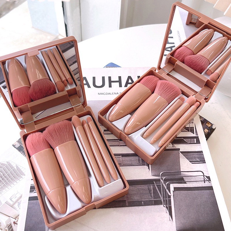 Golbylicc Travel Size Makeup Brushes Set Mini Makeup Brushes, Small Complete Function Cosmetic Brushes Kit with Case and Mirror Perfect for On The Go, 5PC (Mini Pink). 