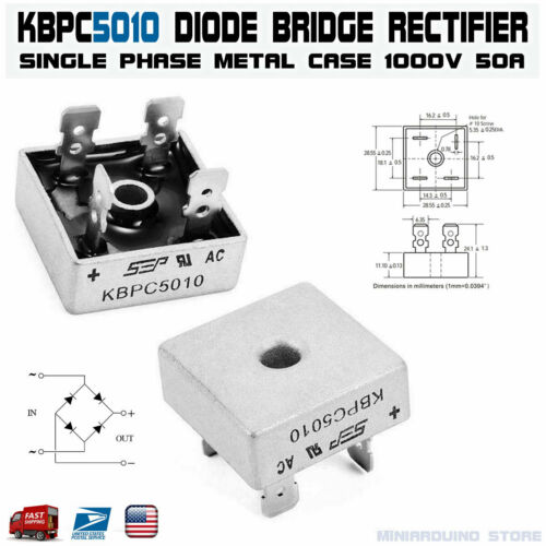 Silver KBPC5010 1000 Volt Bridge Rectifier 5010 Diode 50A 1000V AC To DC Single Phase Metal Housing 4 Pins Leads 50A Diode 1000V KBPC5010 Bridge Rectifier 5010 Full Wave Bridge Rectifier Diode. 