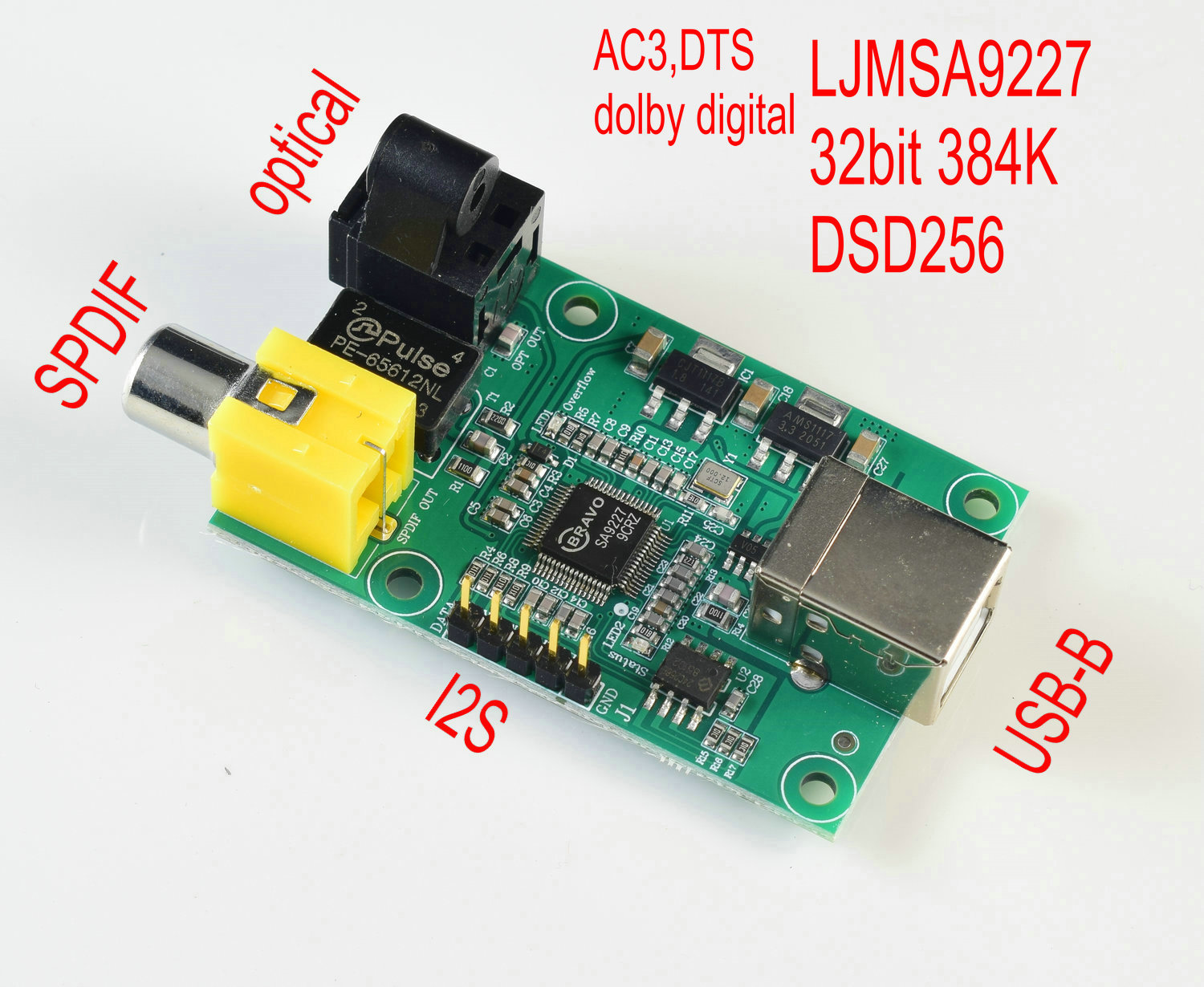 SA9227 USB To SPDIF Optical I2S.32BIT 384K DSD256 Suooprt AC3,DTS,DOLBY Digital Source Output. 