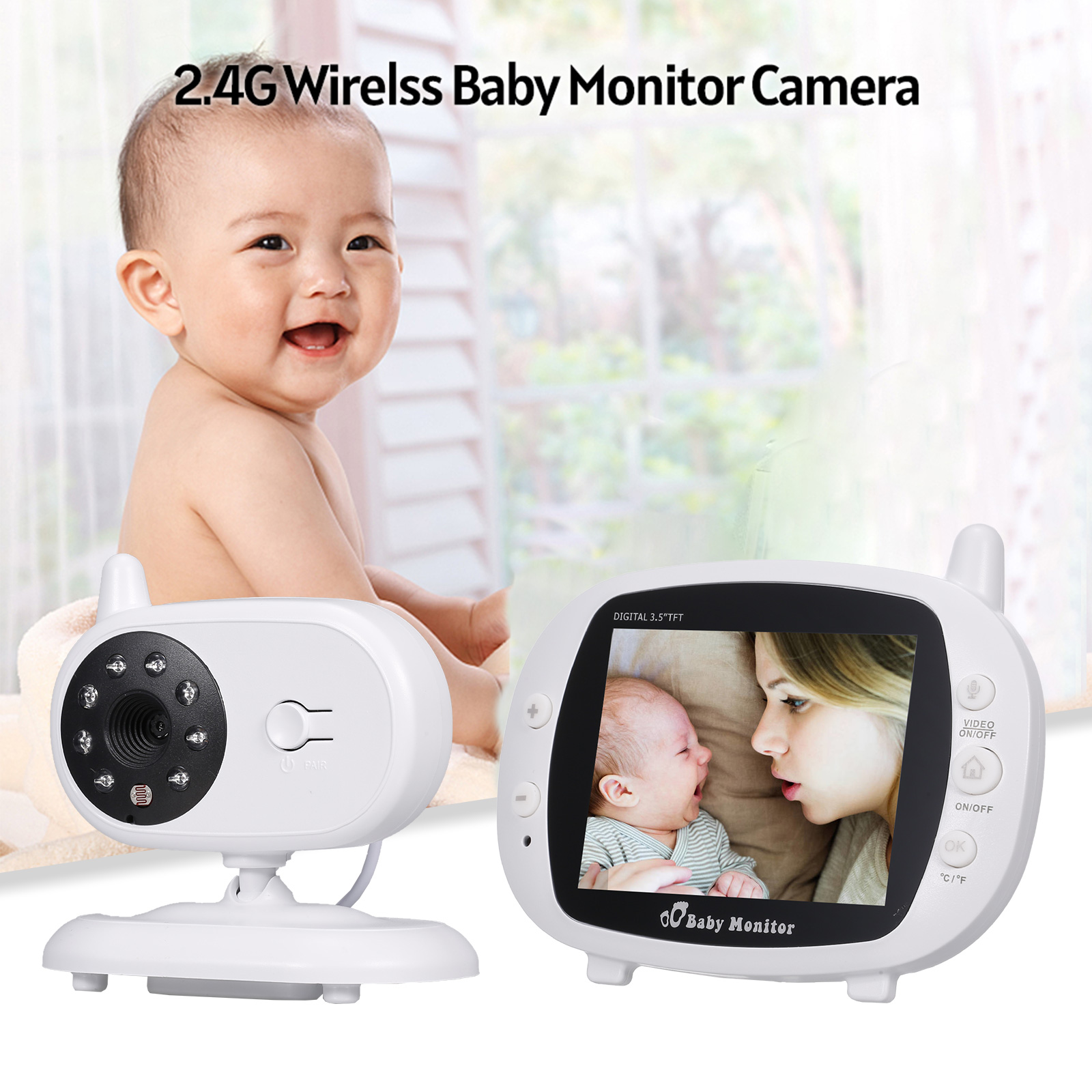 Wireless Audio Baby Monitor Digital Video Baby Monitor 3.5-Inch Color TFT with 5 Lullabies Infrared Night Vision Two-way Talk Back Temperature Detection. 