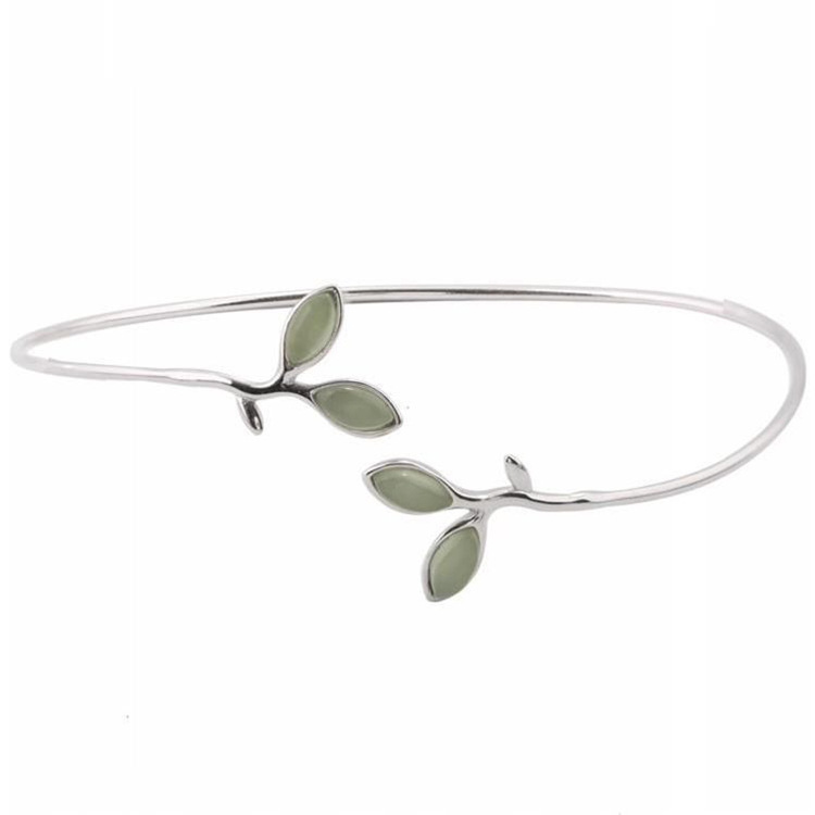 S925 sterling silver bracelet for girls Korean style open leaf forest style leaf green buds cat's eye stone small fresh bracelet