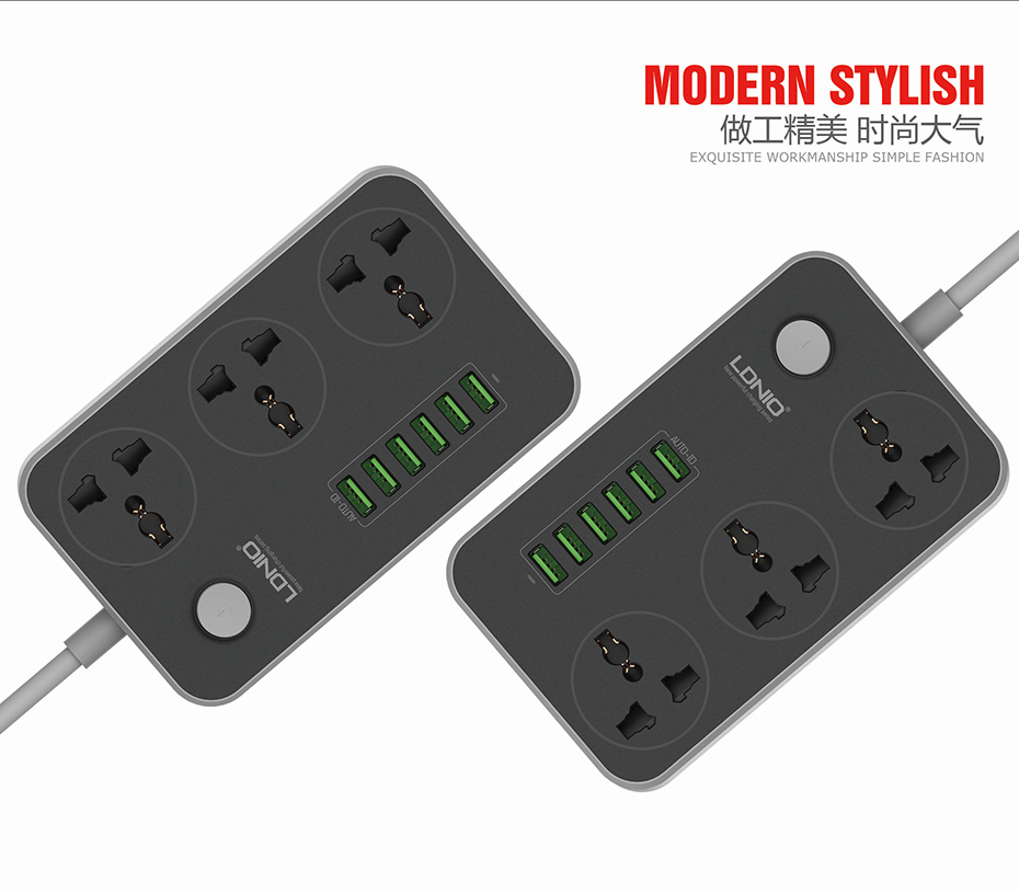 Ldino Power Strips 3 Socket with 6 USB Port For Charging - Dark Grey. 