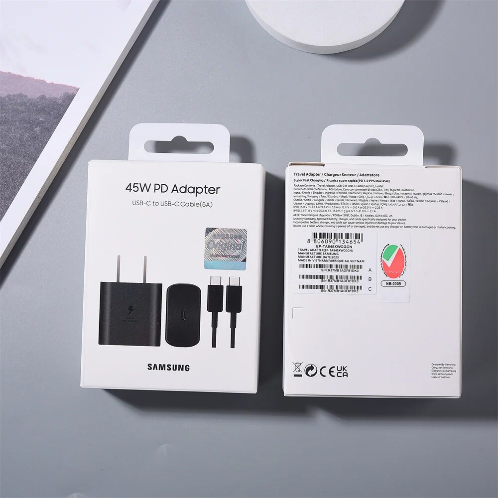 SAMSUNG PD 45W Super Fast Charging Original US Wall Charger 5A USB C To Type-C Cable For Galaxy S24 S23 S22 Ultra A54 A53 Note20. 