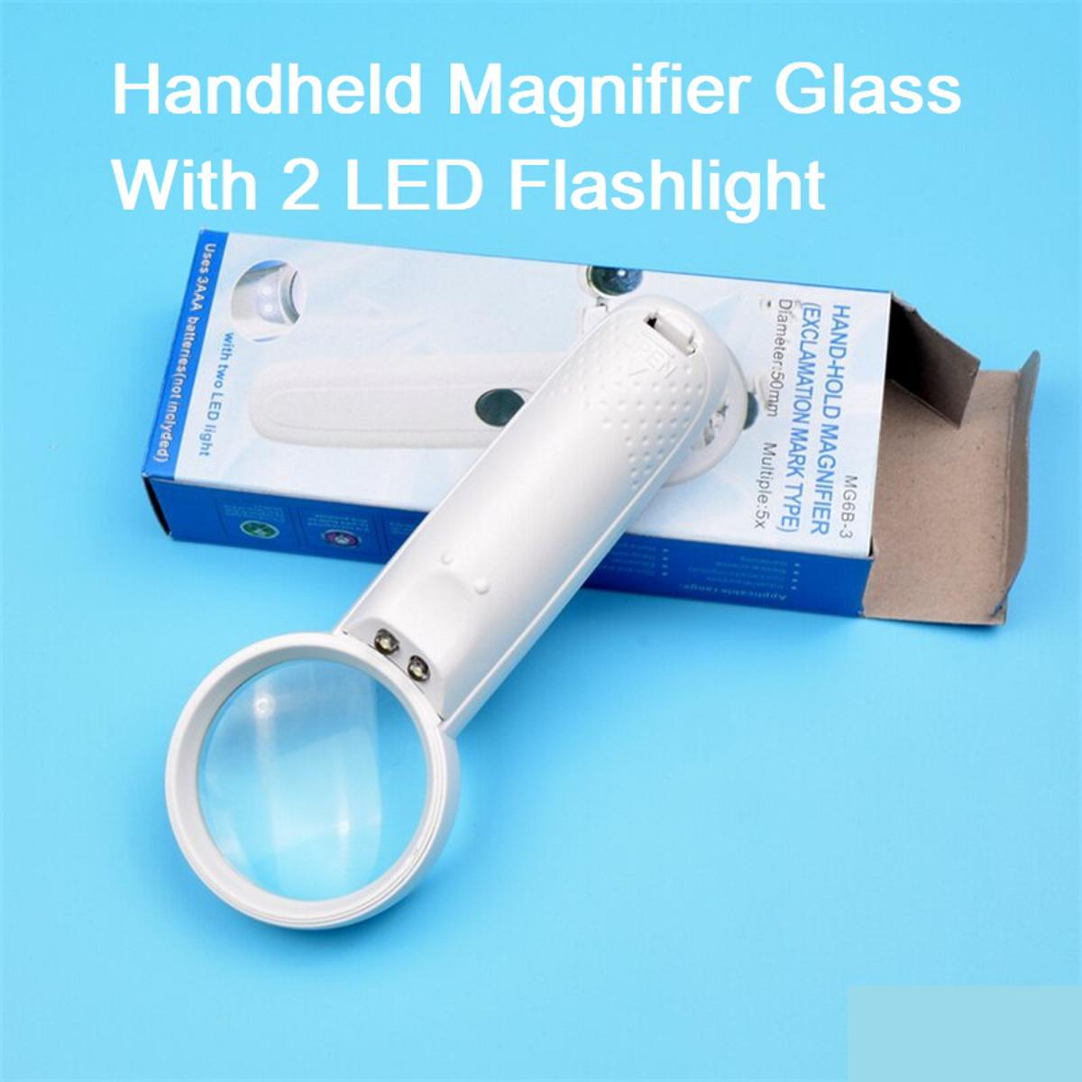 37mm Diameter Handheld Magnifier Glass With 2 LED Flashlight For Jewelry Repair Tools Sets Reading Magnifying Glass Exclamation Mark Type. 