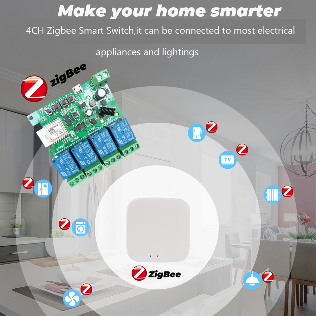 Zigbee Tuya Smart 4CH Relay Module DC5V 7-32V RF433Mhz Remote Control Light Switch Work with Alexa Google Home. 