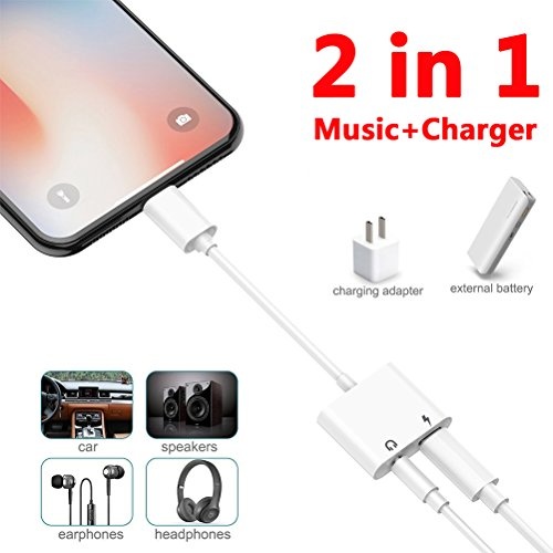 【2 in 1】 Dongle Splitter for iPhone X/XS/XS Max/XR/8/7/8 Plus/7 Plus, Dual Port Charger and Headphones Adapter with Cable. Audio Jack and Charge Converter for iOS 10/11/12 or Later. 