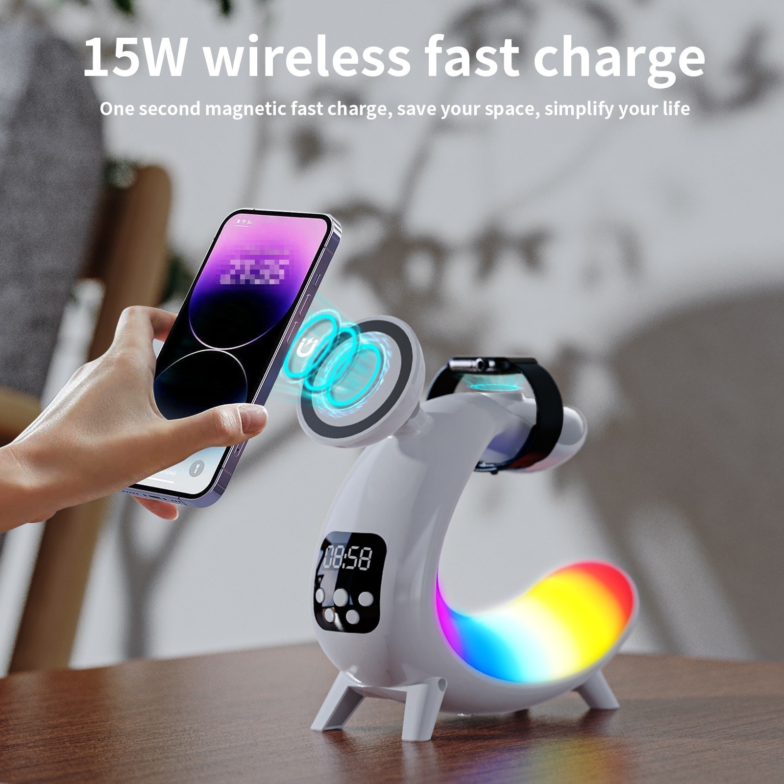 Bedside Table Lamp Colorful Night Light Wireless Charging for Cell Phone Watch Headphones Can be used as BT Audio/Clock/Ambient Light. 