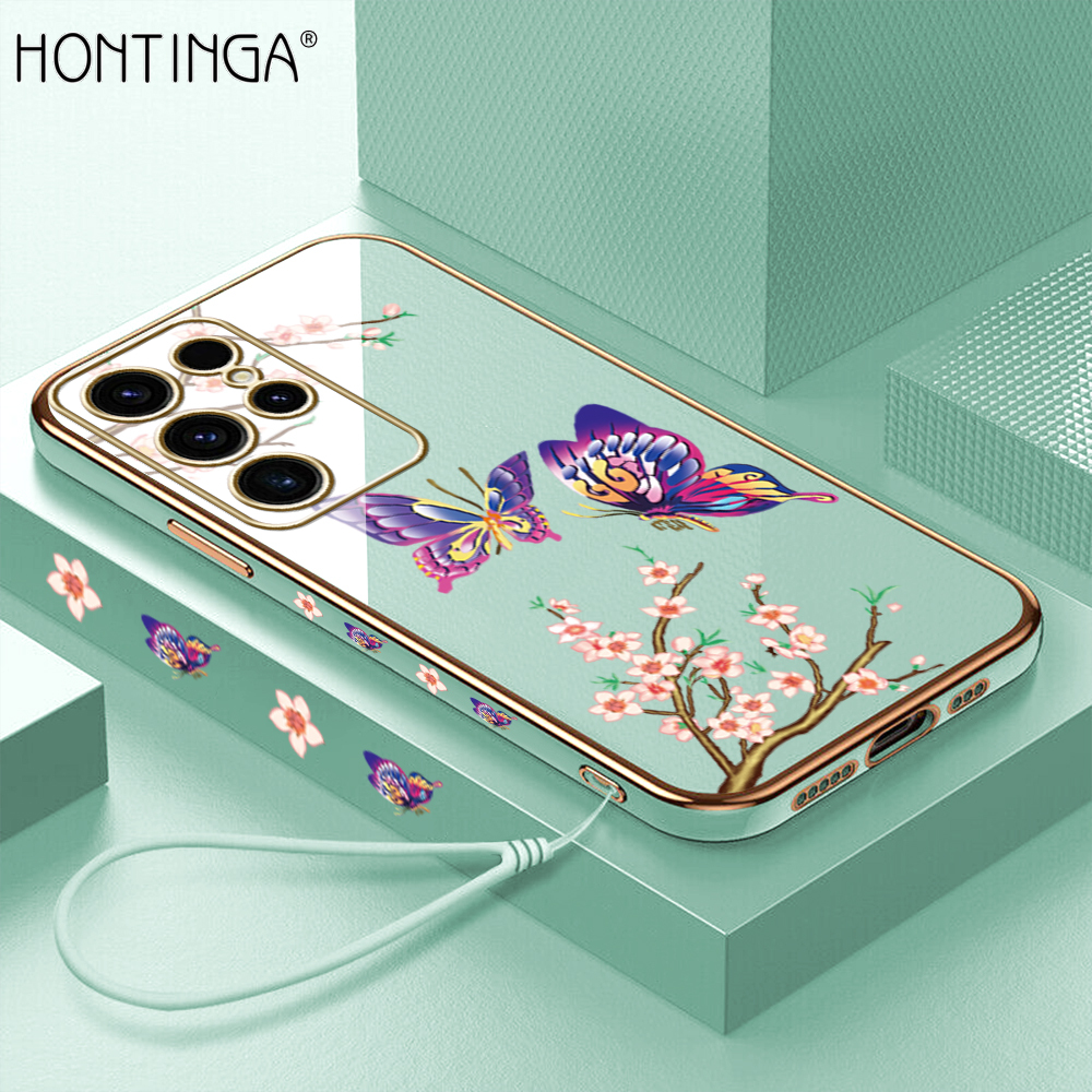 Hontinga for Samsung S23 Ultra 5G Back Cover(Free Lanyard)Luxury 6D Plating Pretty butterfly Side Pattern Case Soft Silicone Square Mobile Cover