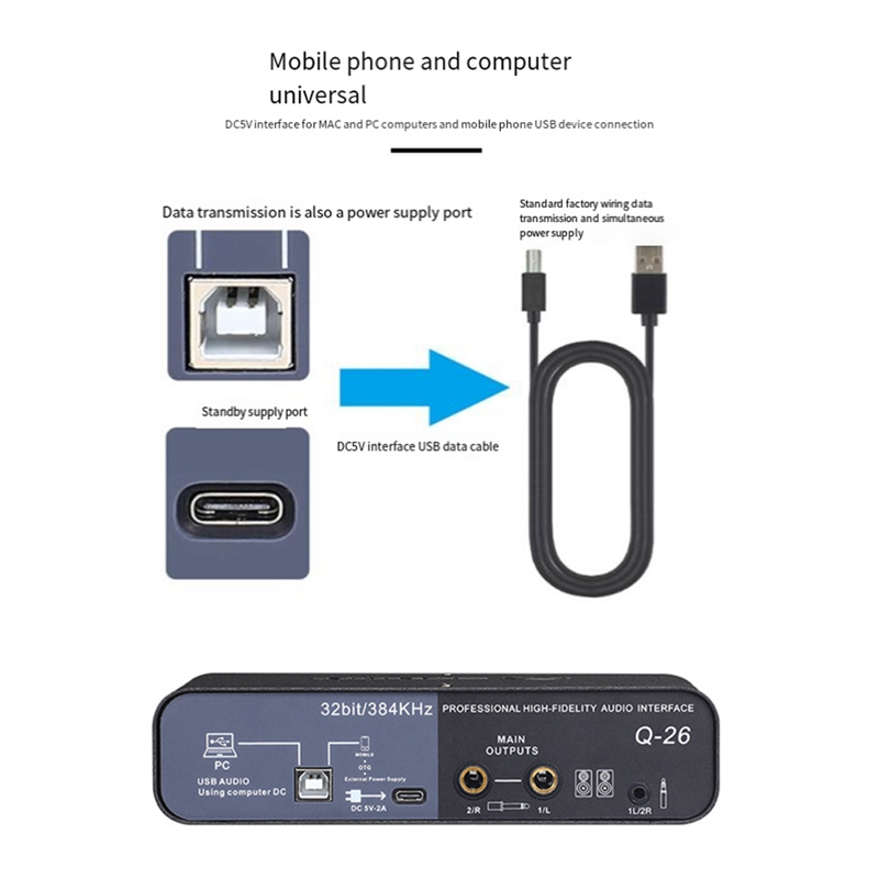 Q-26 USB Audio Interface Sound Card with Electric Guitar Live Recording USB External Sound Card for Studio Easy Install Easy to Use. 