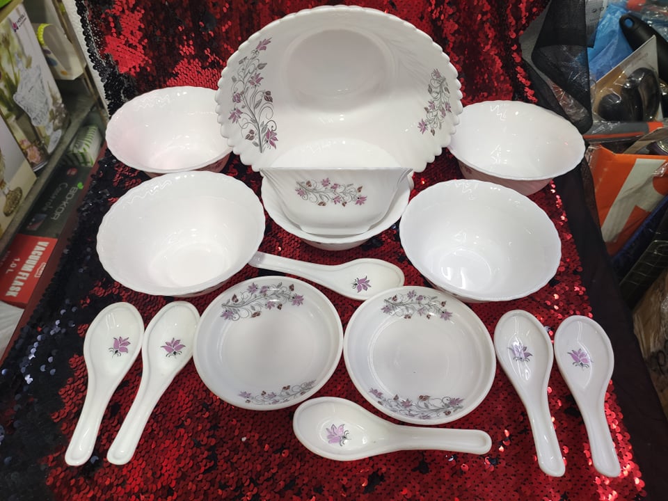 15 Pcs Pyrex Opal Glassware White Oven Save Dinner Soup Set.White Art Printed,Firni Set. 