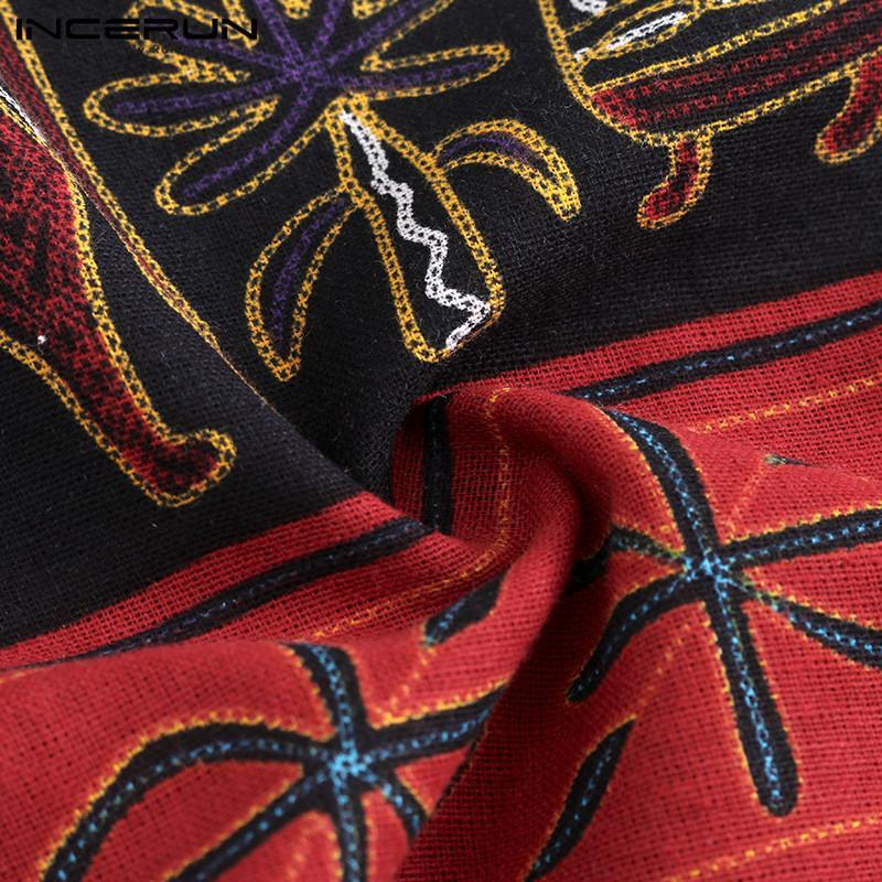 INCERUN Men's retro small V-neck short-sleeved ethnic style printed cotton and linen T-shirt. 