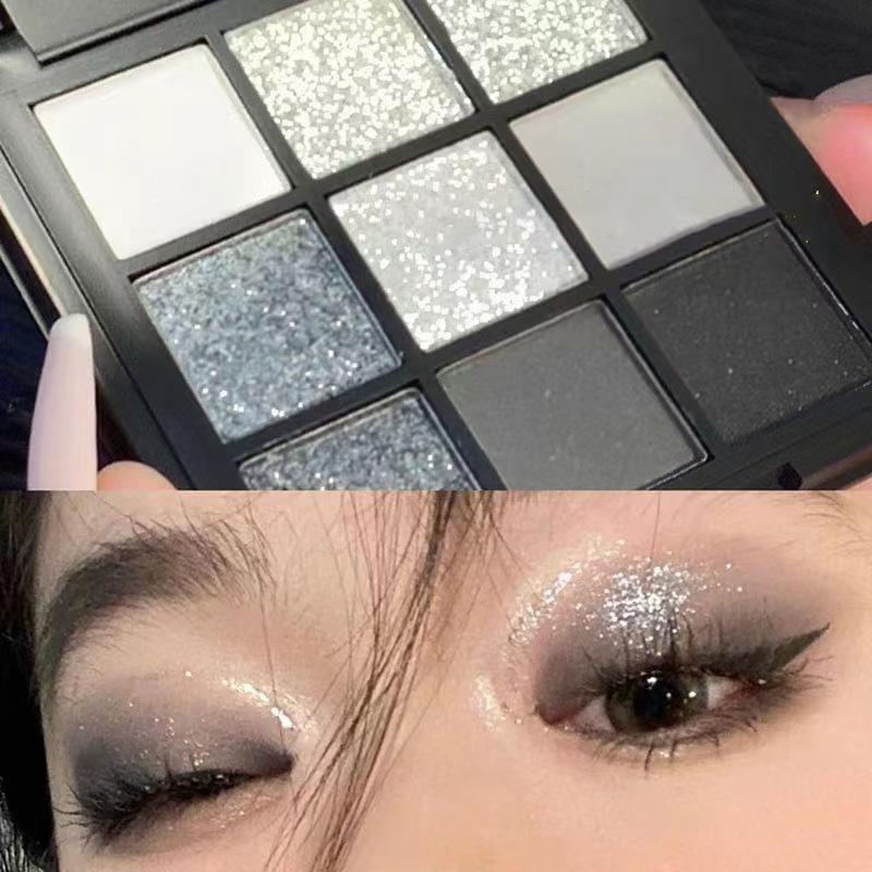 Ggmm Suke 9 Colors Eyeshadow Palette metallic white gray black eyeshadow palette with mirror. 