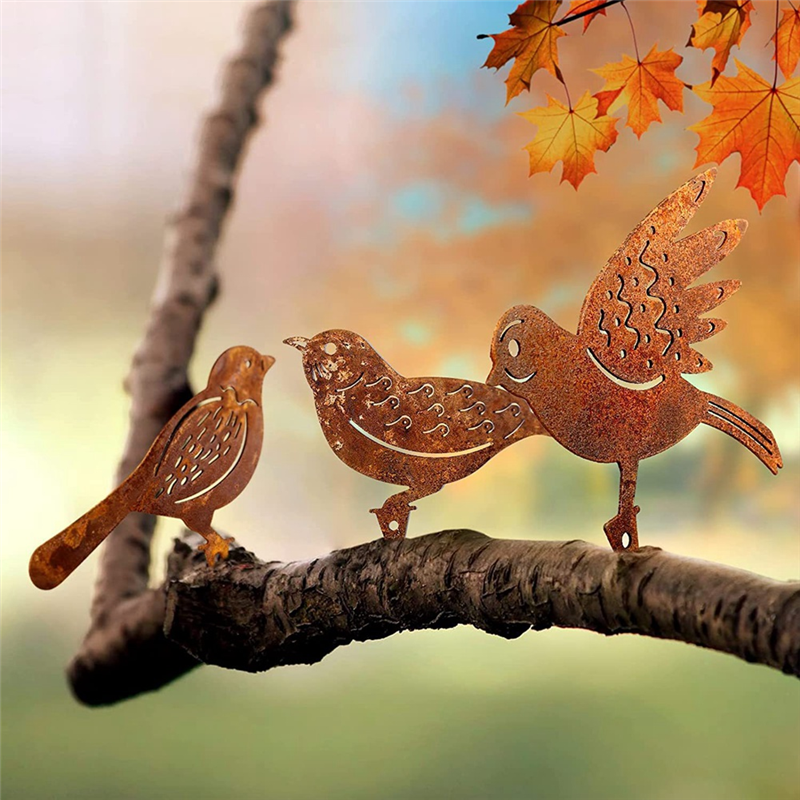 4 Piece Rusty Metal Bird Silhouettes Metal Yard Decoration Bird Steel Woodpecker Gardening Country Robin Art. 
