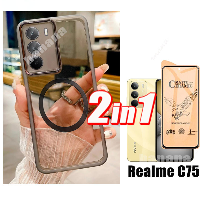 2 in 1 Relme C75 Shockproof Phone Case With Ring Iron Sheet Magnet Relame Note 60 50 C63 C61 Anti-Spy Privacy Tempered Glass. 