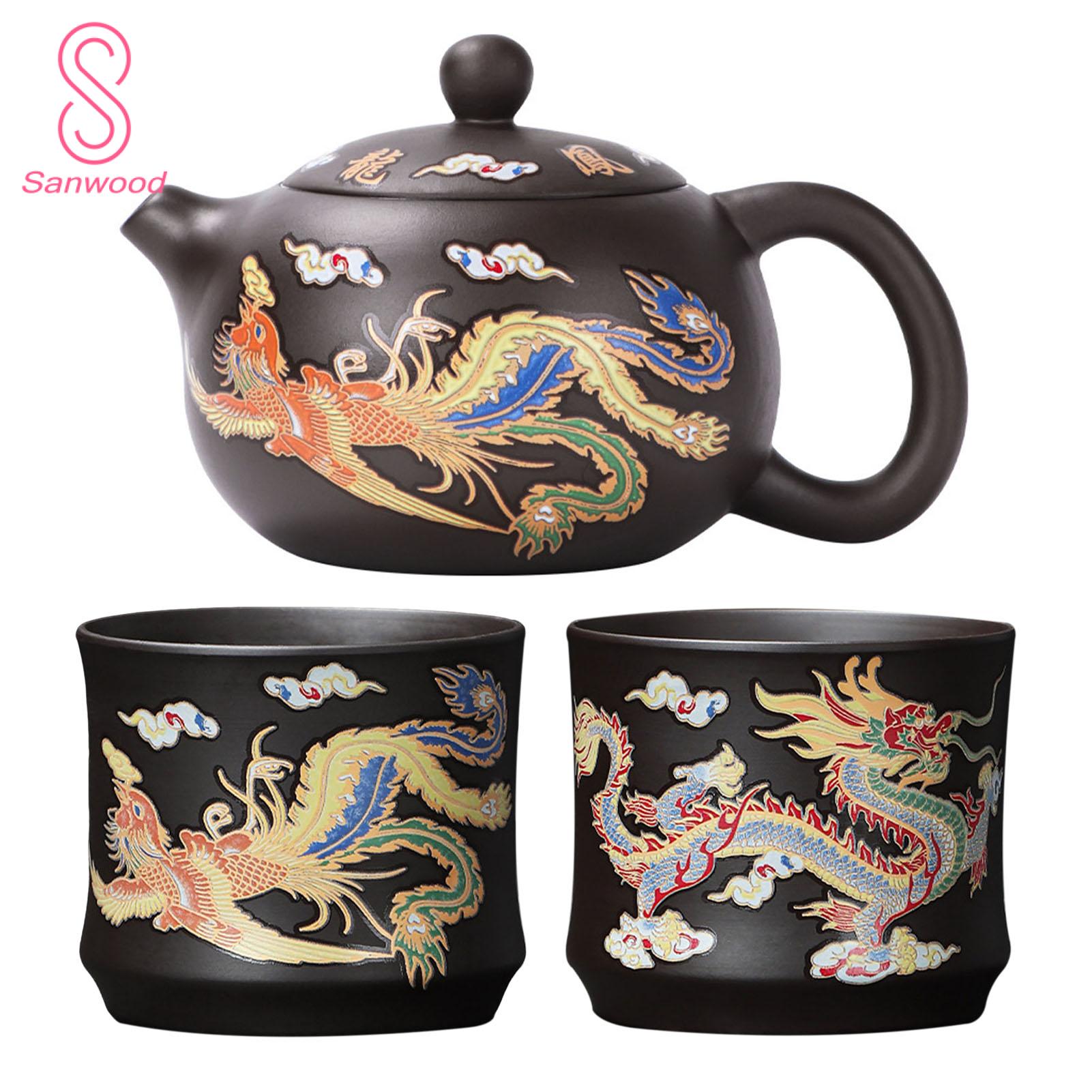 Unique Tea Set with Color-changing Effect Handmade Chinese Dragon Phoenix Zisha Clay Tea Kettle with Color-changing Effect Perfect Gift for Tea Lovers High-quality Mineral Purple Mud Teapot