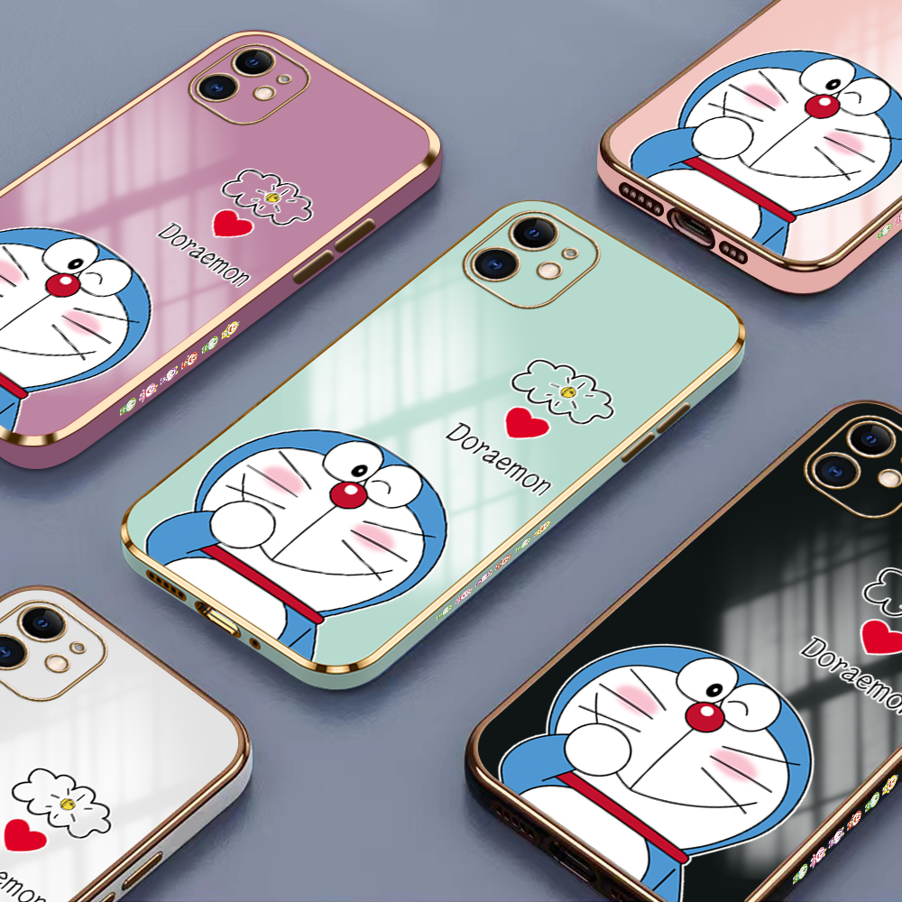 Luxury 6D Plating Case for Samsung A02S Cartoon Giggle Meow Side Pattern Back Cover Soft Silicone Square Phone Cases + Free Lanyard. 
