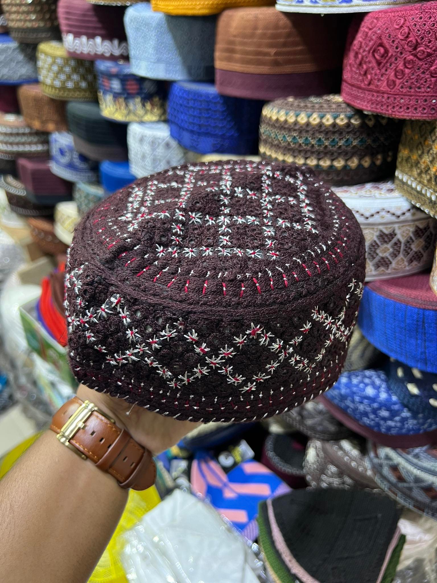 Beautiful Design & Coffee Color Pakistani Hand Made Glass Stone Setting Tupi for Men (Size 55,56). 