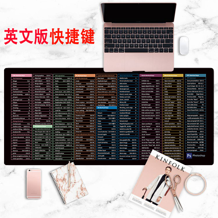 English shortcut keys cross-border mouse pad Japanese Thai Viet Nam version shortcut keys oversized thickened desk mat wholesale. 