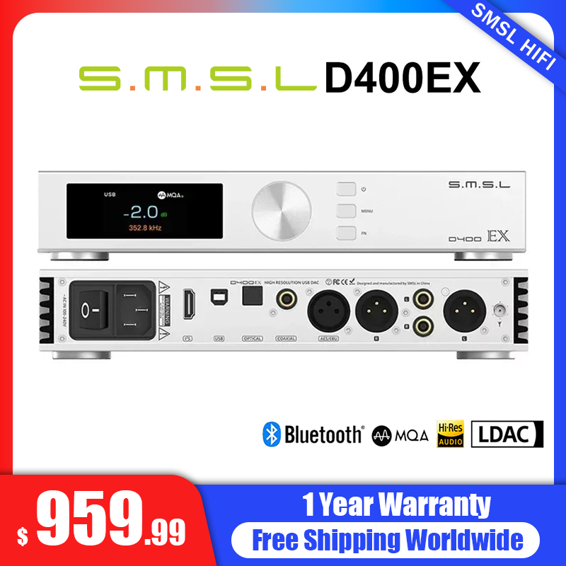 SMSL D400EX Audio Decoder DAC 1*AK4191 2*AK4499EX DAC Chips OPA1612A LME49720 XMOS XU316 MQA-CD DSD512 32bit/768kHz Blutetooth