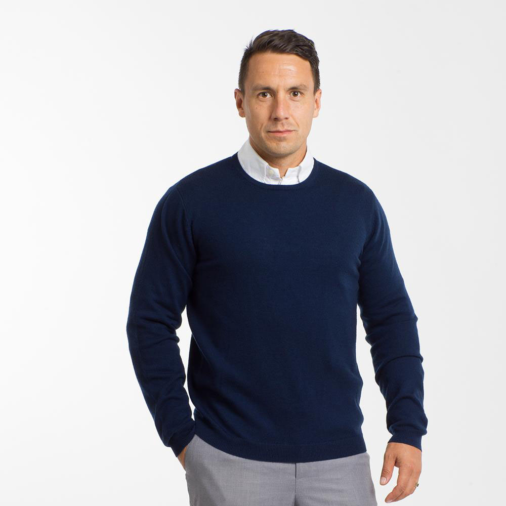white and navy blue sweater