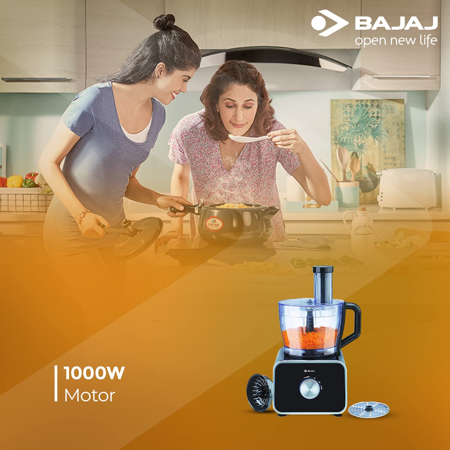 Bajaj FX-1000 DLX 1000 Watts Food Processor and Mixer Grinder with 9 attachments (Black) India. 