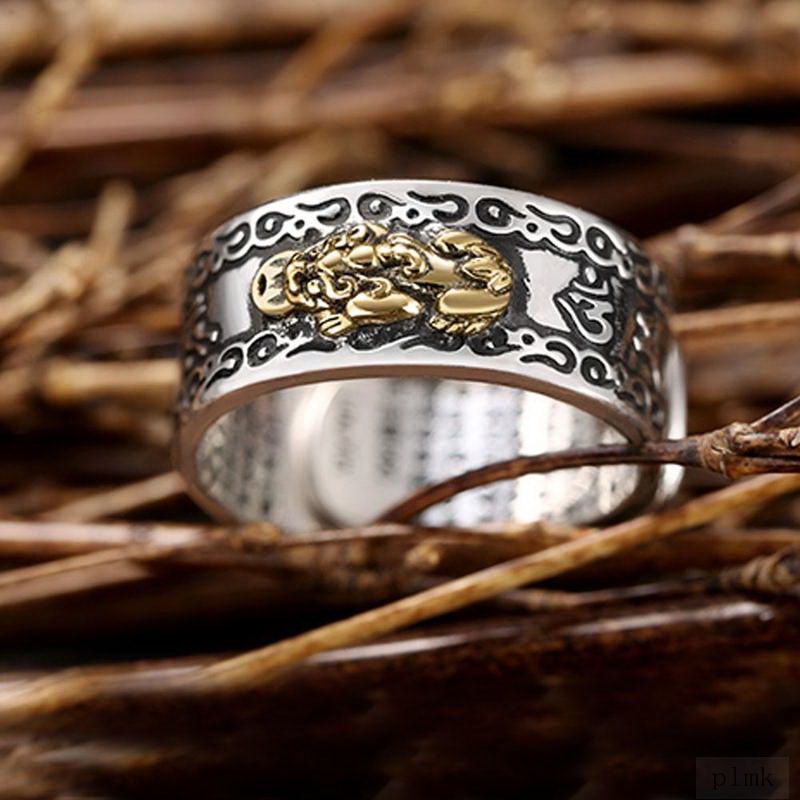 （New）Lucky Feng hui Pixiu Wealth & Protection Ring Buddhit cripture Carving Bleing Ancient Chinee Beat Alloy Open Ring. 