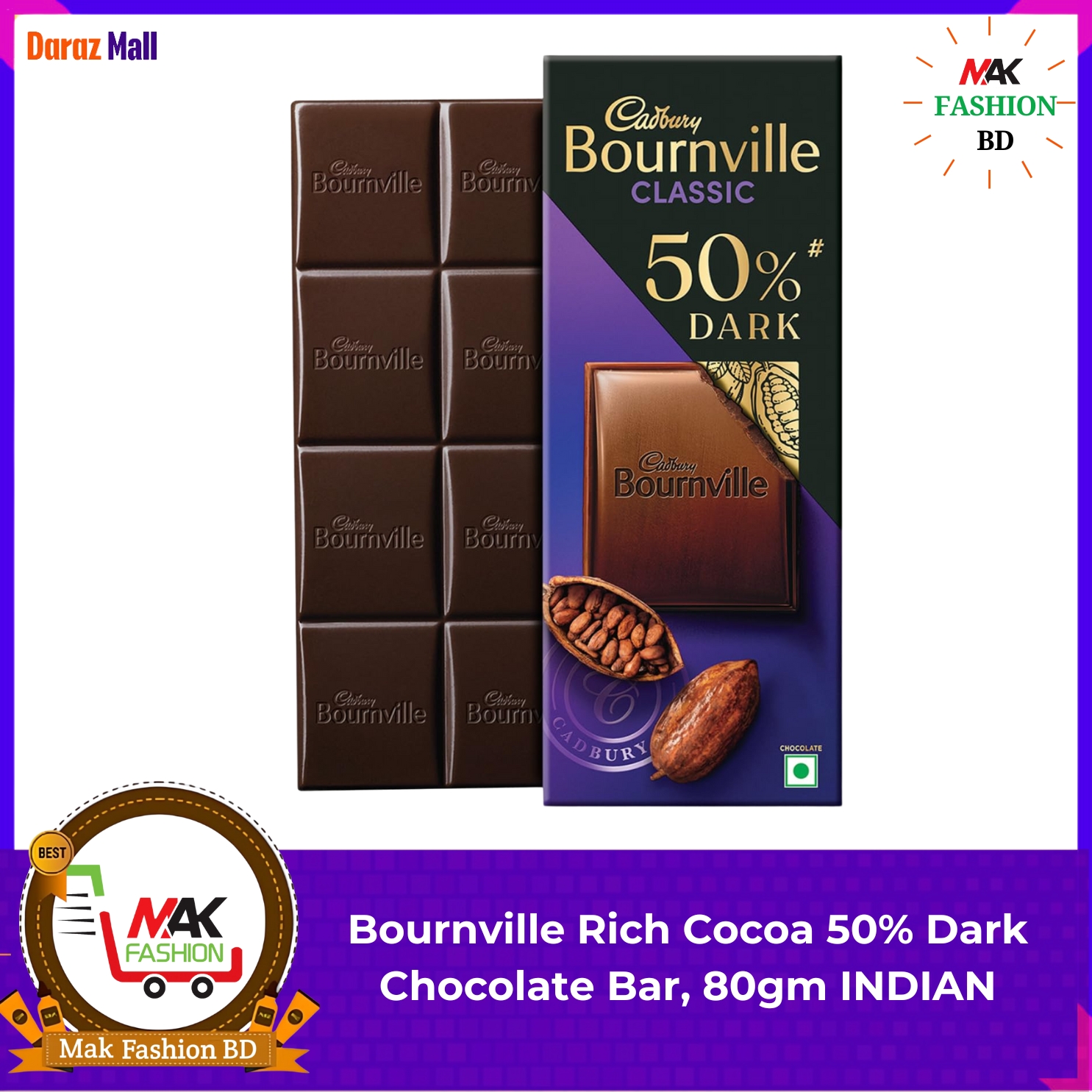 Bournville Rich Cocoa 50% Dark Chocolate Bar, 80gm INDIAN